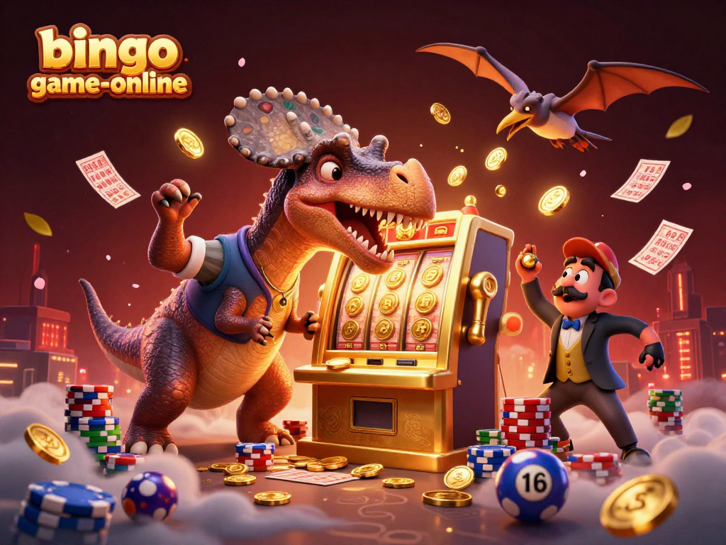 Engage with bingo-game-online as pachycephalosaurus wins jackpots, surrounded by bingo cards and gold coins.