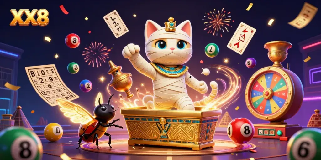 Experience the excitement of XX8 with a vibrant casino scene featuring a mummy cat and scarab.