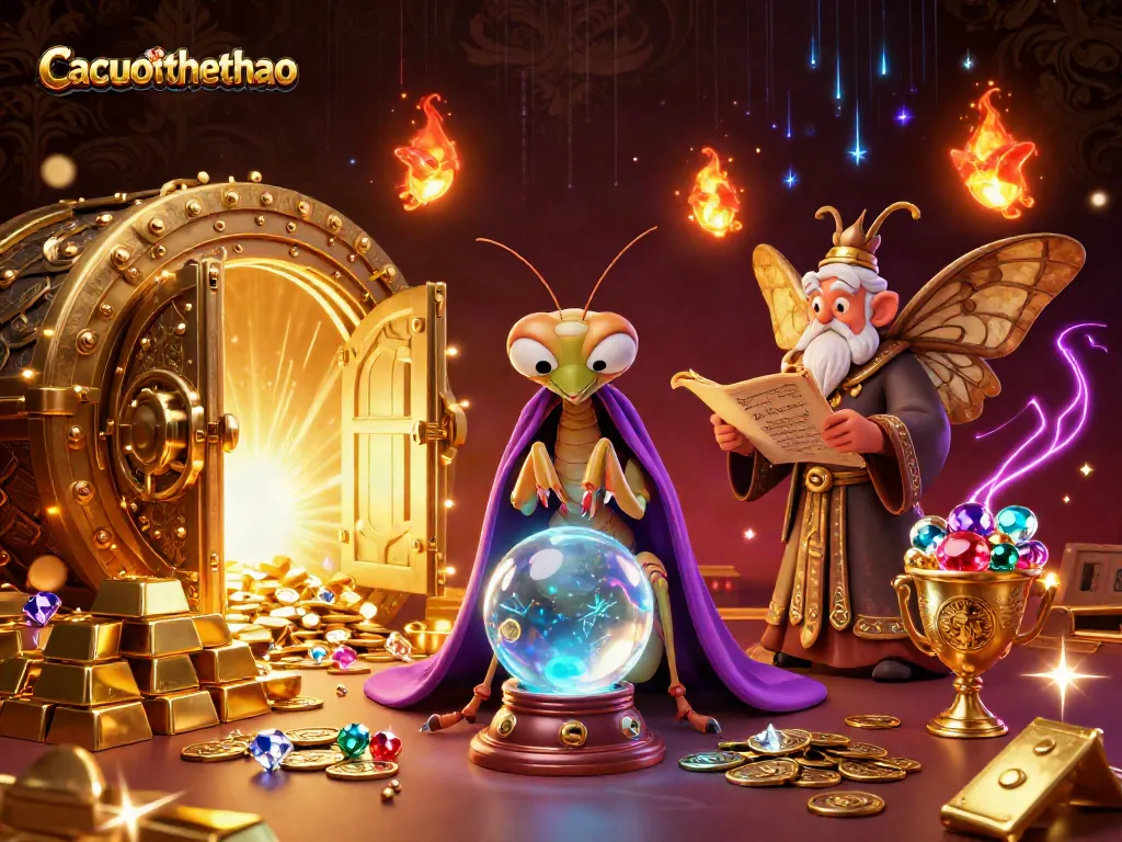 Cacuocthethao showcases a vibrant 3D scene with mystical characters surrounded by treasure and casino elements.