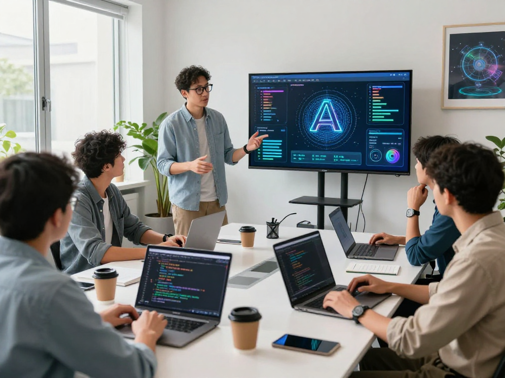 Collaborative workspace scene illustrating spicy AI project development with diverse software developers brainstorming.