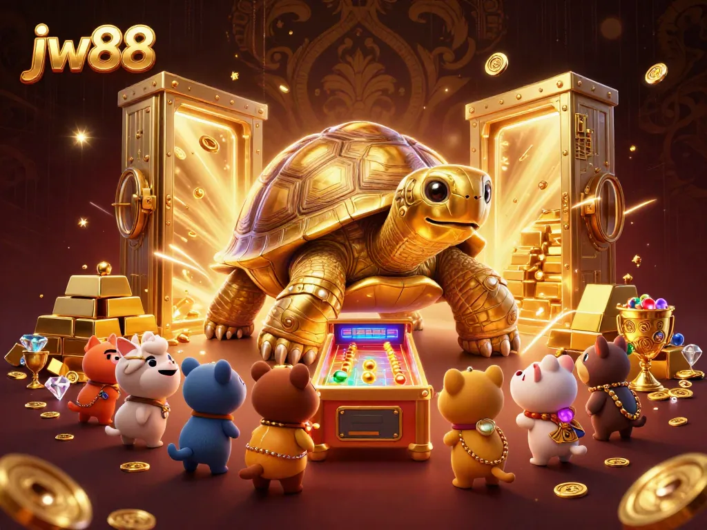 Experience thrilling gameplay at jw88, featuring a golden tortoise pinball machine in a vivid casino scene.