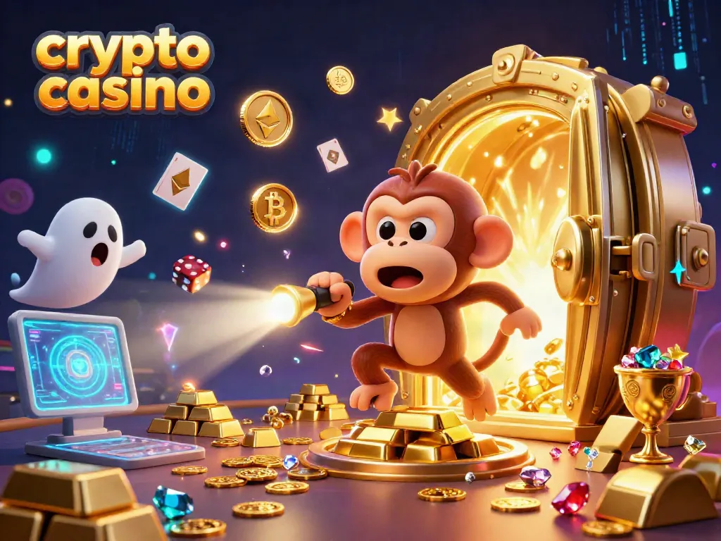 Immerse in the crypto casino adventures featuring a playful poltergeist monkey juggling coins, set in an electrifying atmosphere.