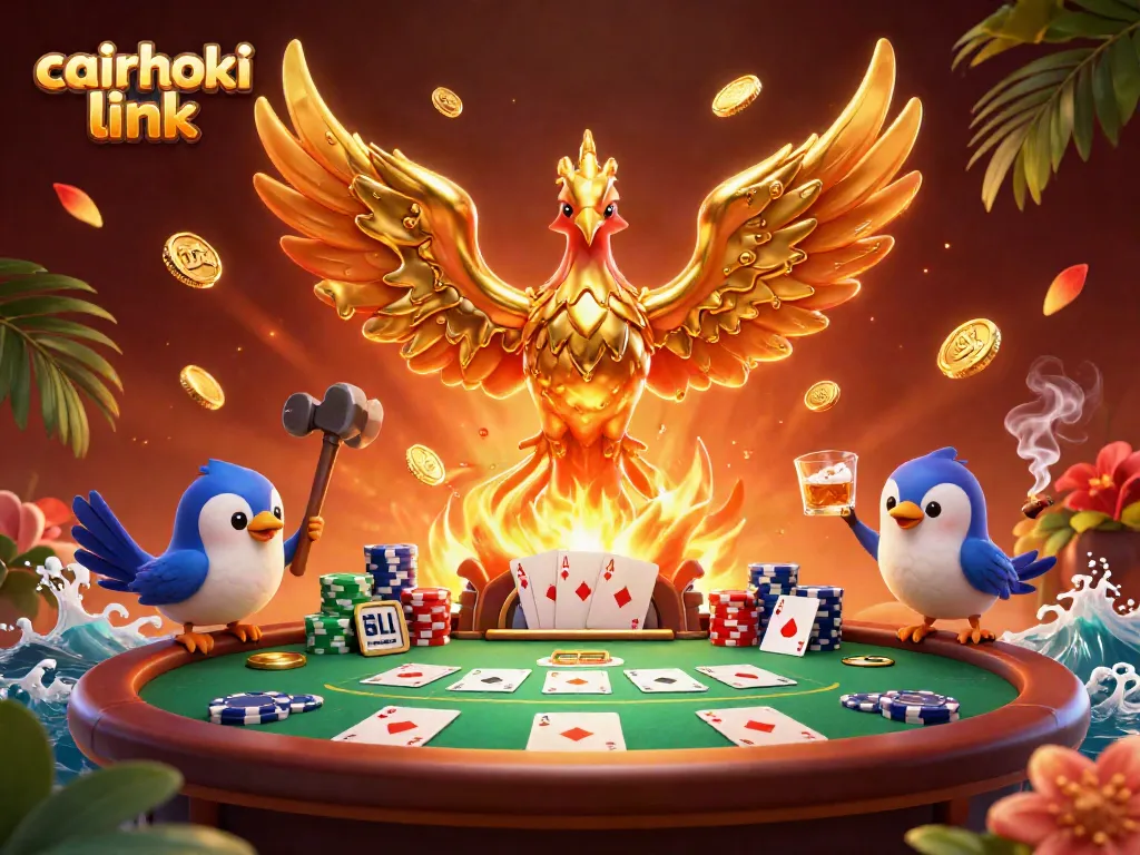 Permainan poker seru saat bermain di cairhoki link dengan ilustrasi phoenix emas dan uang koin terbang.