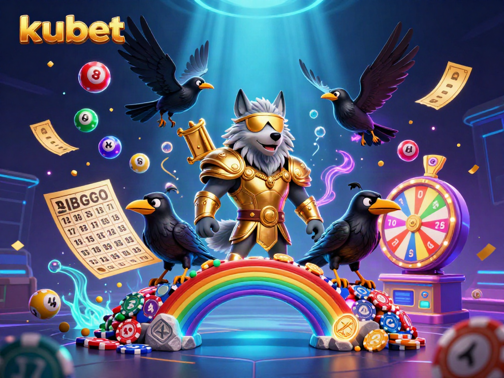 Kubet gaming scene featuring Odin wolf with colorful lottery balls and a vibrant prize wheel.