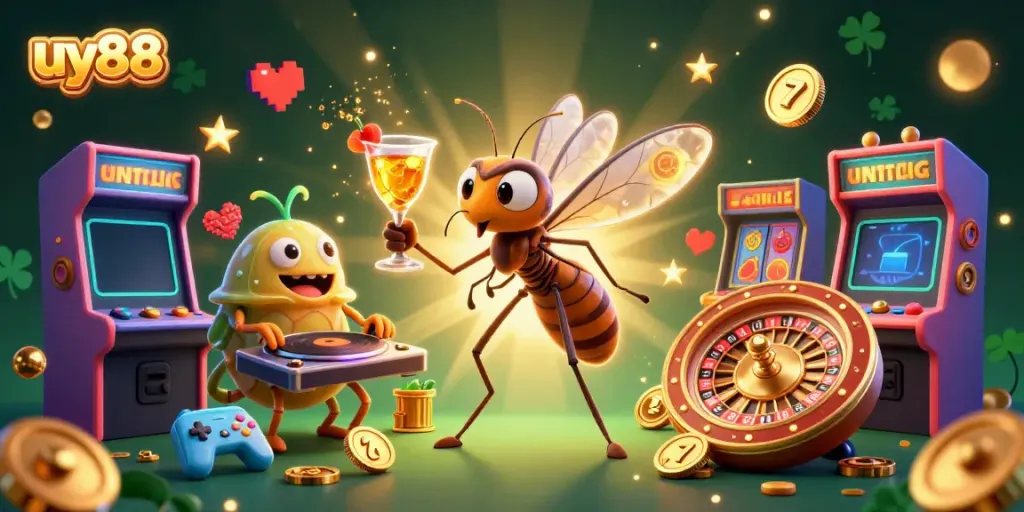 Experience excitement with uy88's animated characters and vibrant casino elements in a dynamic scene.