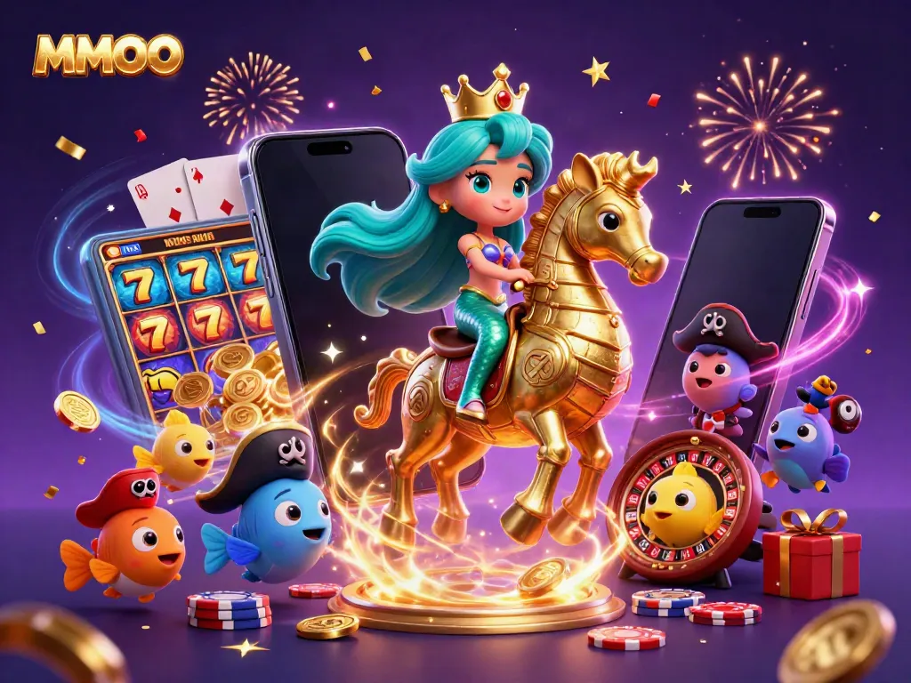 Experience MMOO gaming excitement with a vibrant mermaid princess and her seahorse, celebrating jackpot wins.