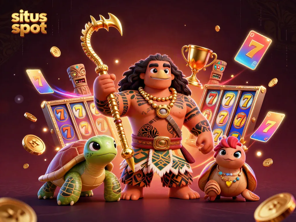 Situs slot dengan ilustrasi dewa Maui dan kura-kura lucu dikelilingi simbol slot, jackpot, dan koin emas.