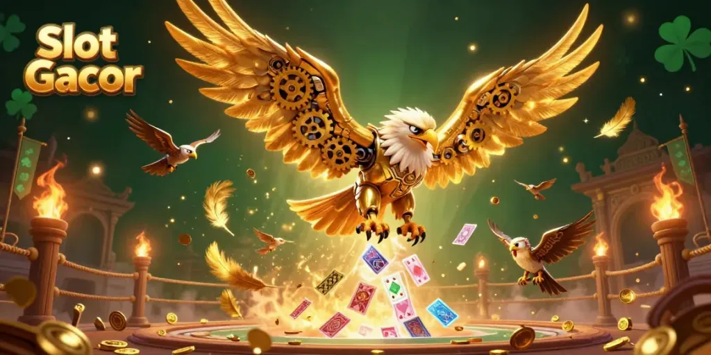 Experience the excitement of Slot Gacor with a cybernetic eagle and dynamic casino elements in action.