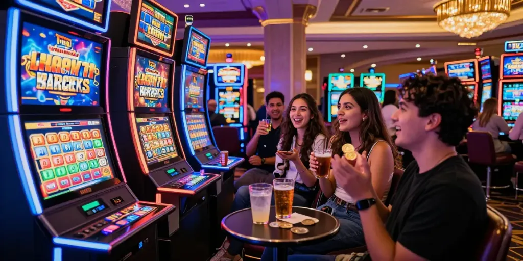 Friends celebrating at a Lucky777 slots machine in a vibrant casino.