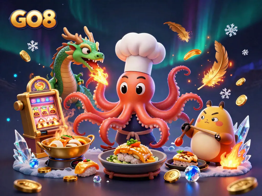 Engage with GO8's thrilling slot games, featuring a sushi chef octopus and a fiery dragon.
