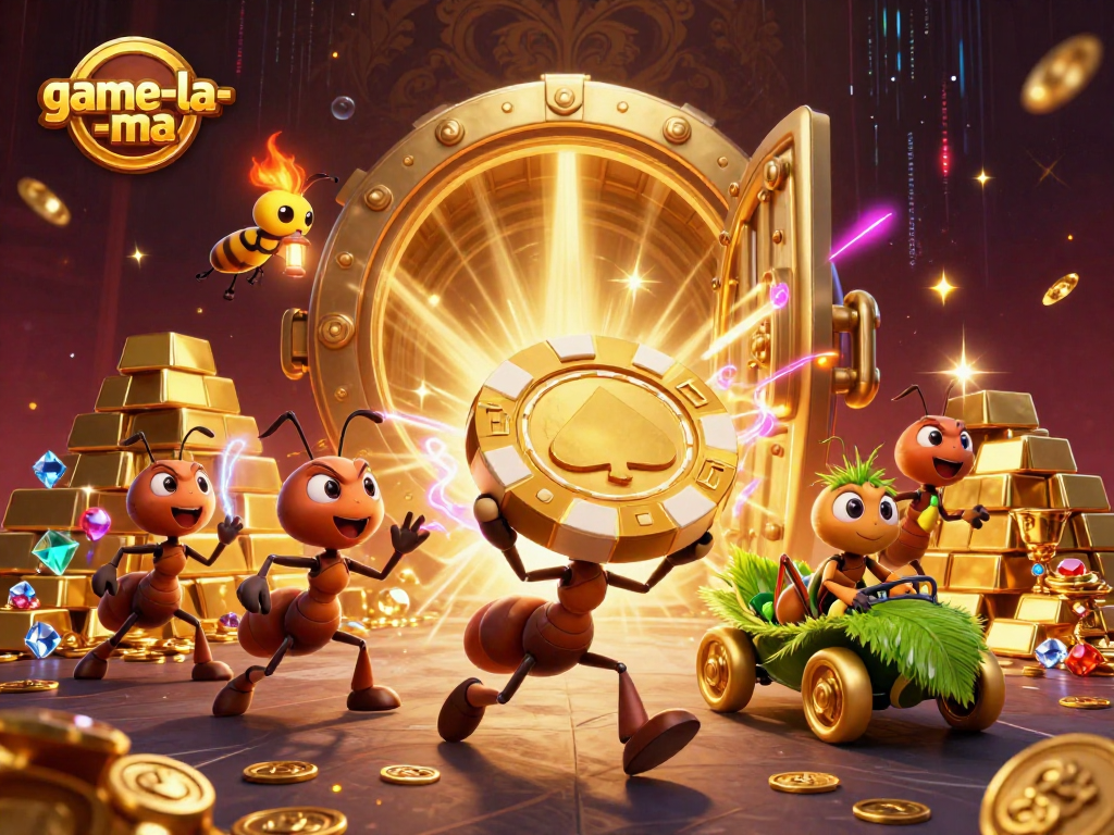 Game-la-ma showcases ants executing a heist with a massive poker chip amidst dazzling casino treasures