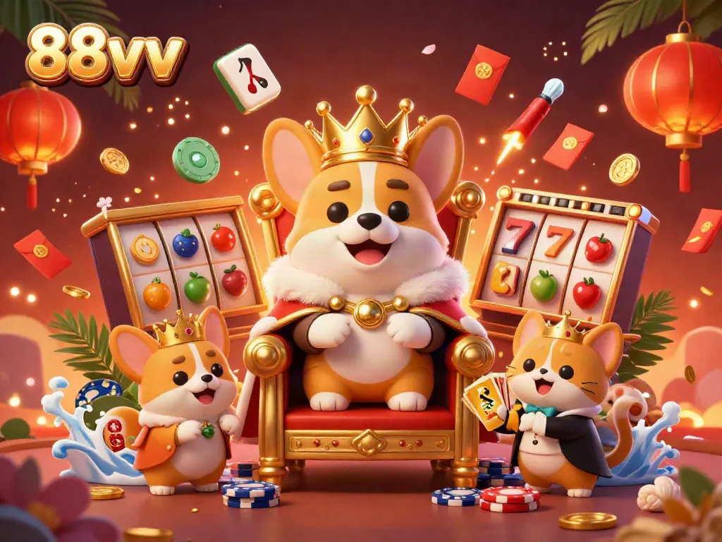 Experience thrilling gaming with 88vv amid vibrant slots, jackpots, and festive elements in a royal setting.