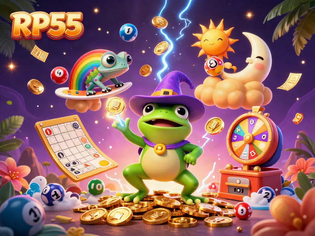 Experience excitement with RP55 as a weather wizard frog conjures coins amidst lively lottery scenes.