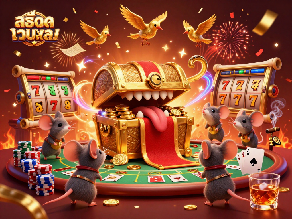 Play exciting สล็อตเว็บตรง games with colorful slots, poker chips, and vibrant 3D visuals.
