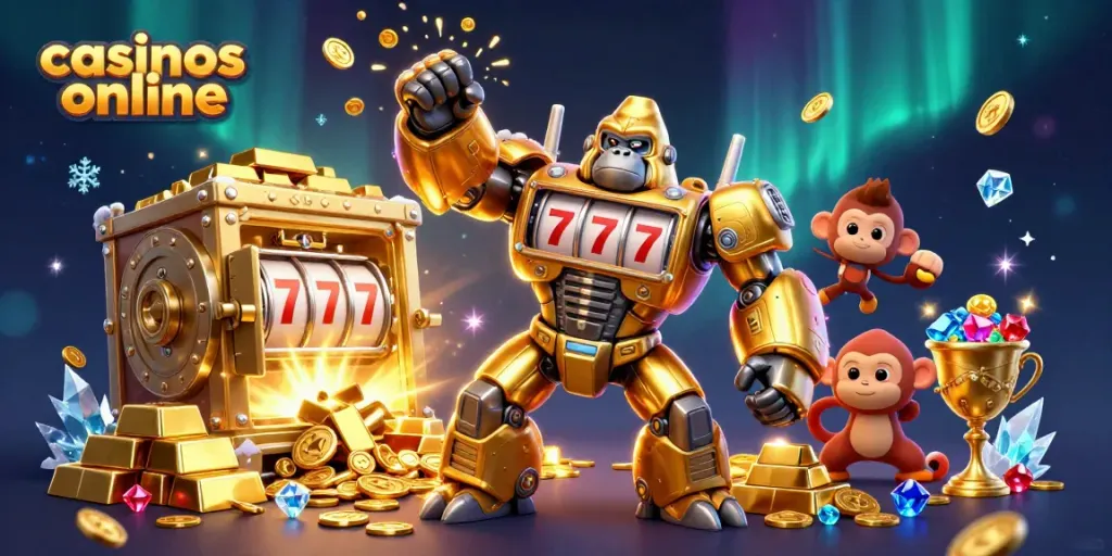 Imágenes dinámicas de un mech gorila dorado destacando casinos online y juegos emocionantes con tragaperras.