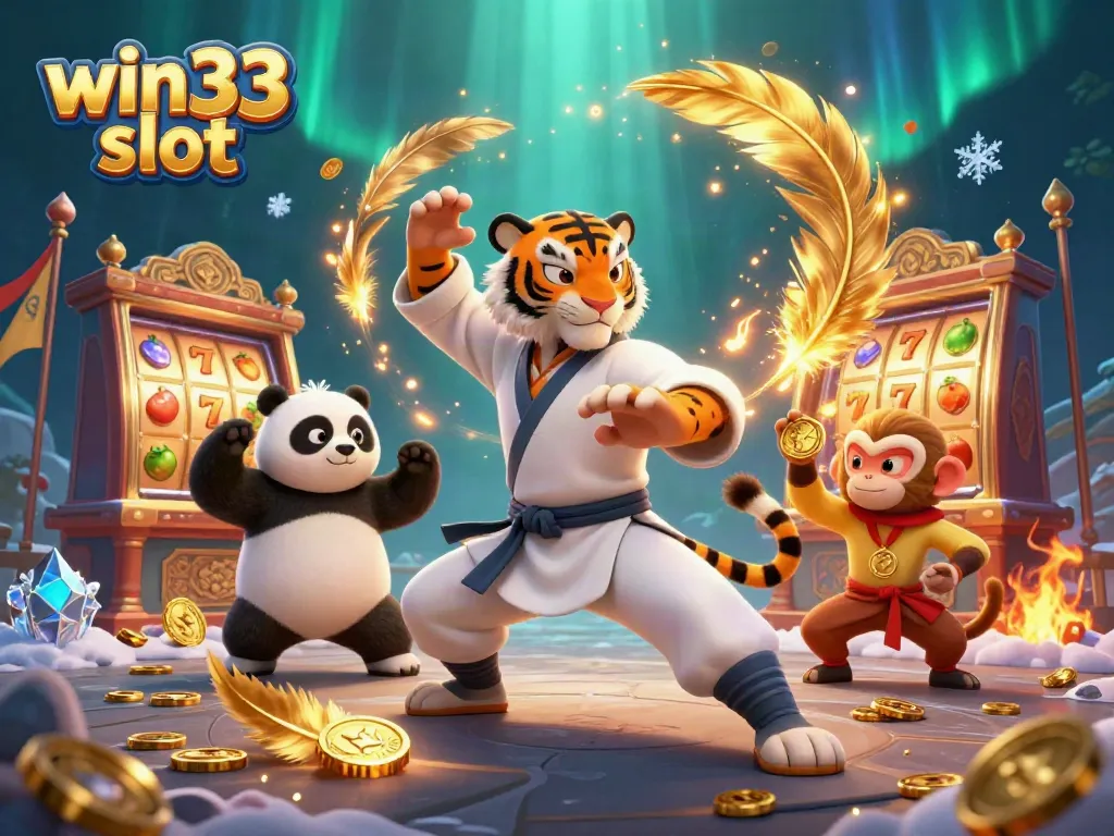 Experience the excitement of win33 slot with a vibrant 3D scene featuring a kung fu master and playful characters