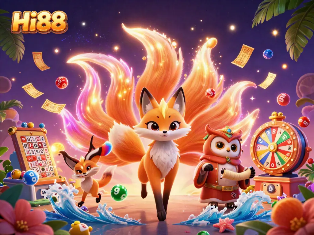 Win big with Hi88 in this vibrant 3D casino scene featuring magical spirits and lottery elements.