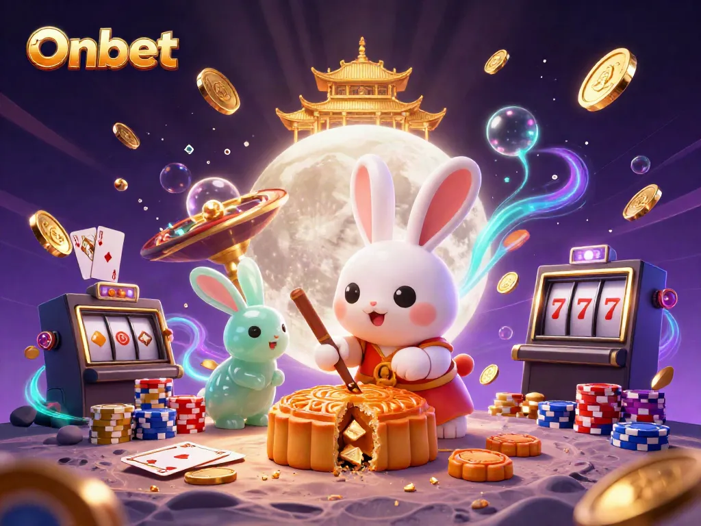 Experience thrilling gaming action with Onbet in a vibrant 3D casino universe, featuring moon rabbits and dynamic game elements.