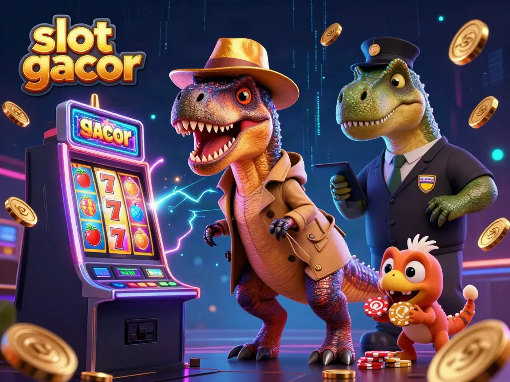 Experience the excitement of slot gacor with a cartoon velociraptor and friends at a vibrant slot machine.
