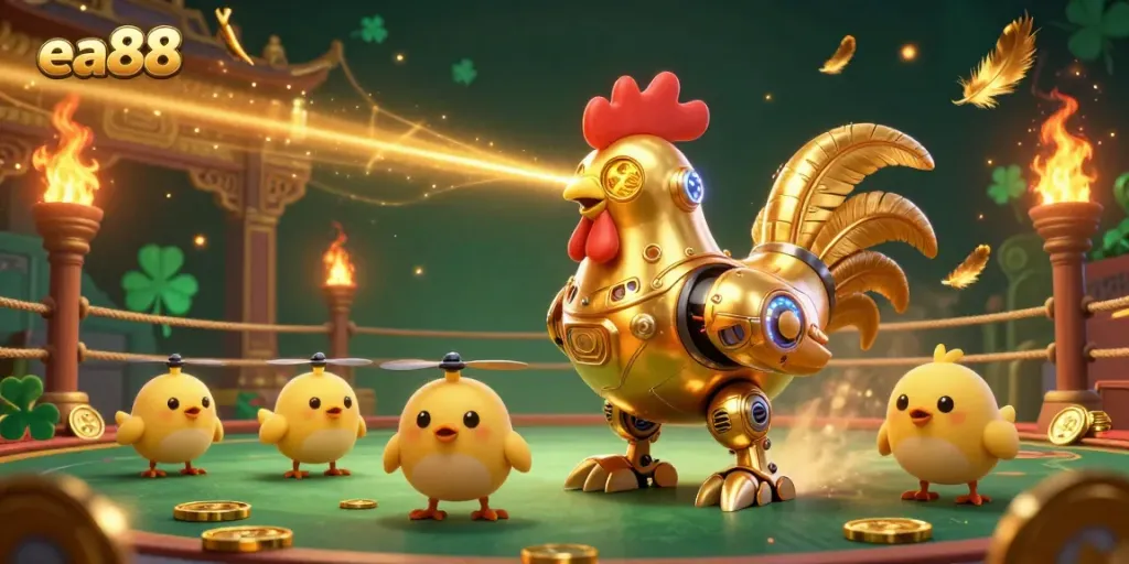 Engage in thrilling gambling action with ea88's golden rooster robot and baby chick drones, capturing the excitement.