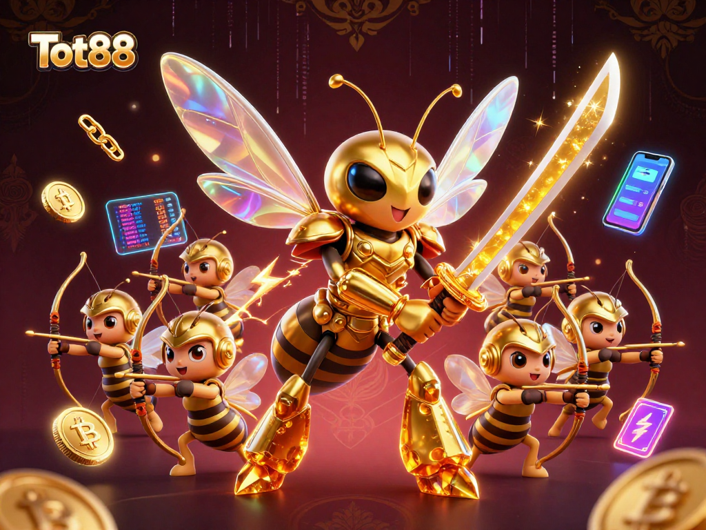 Tot88 features a golden hornet in samurai armor amid a vibrant crypto gambling scene.