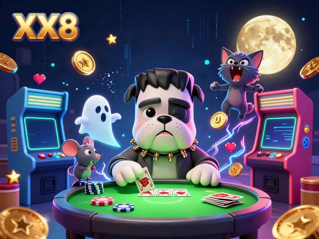 Experience thrilling gameplay with XX8 as a playful bulldog dealer meets spooky fun.