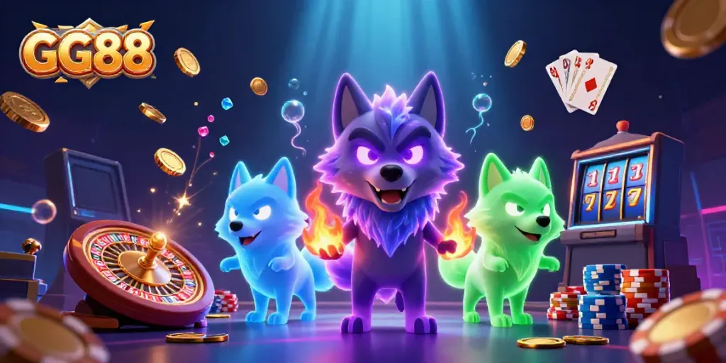Win at GG88 with a ghostly wolf pack leading the casino adventure surrounded by vibrant gaming elements.