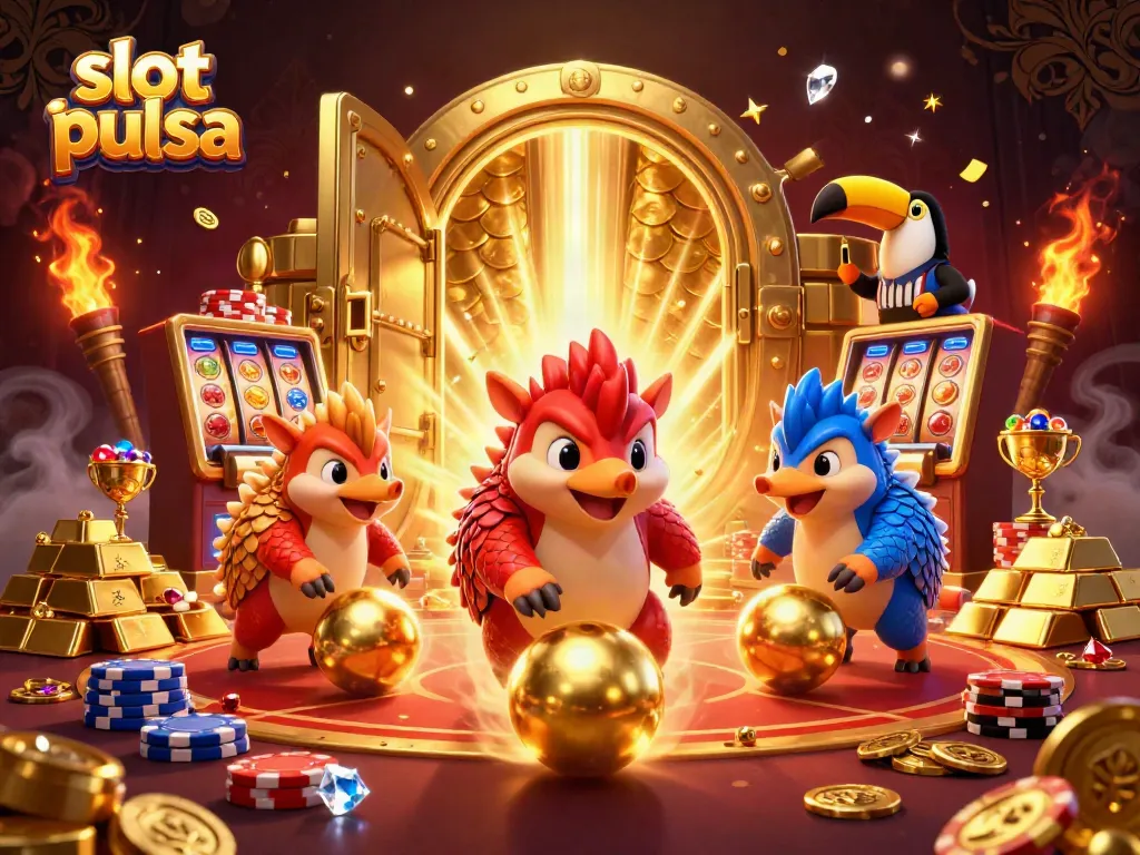 Experience thrilling slot pulsa action with cartoon pangolins rolling golden balls through a dynamic casino scene.