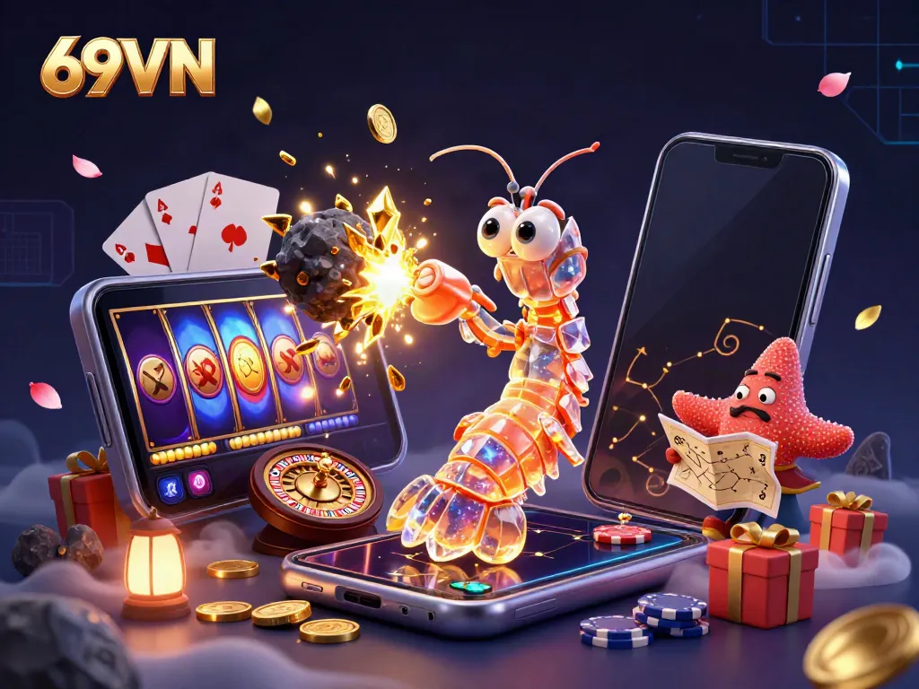 Engage with 69VN's vibrant casino world, featuring a mantis shrimp hero amidst slot games and golden coins.
