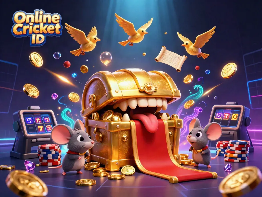 Bet on cricket with a verified Online Cricket ID, featuring a vibrant 3D scene of treasure and games.