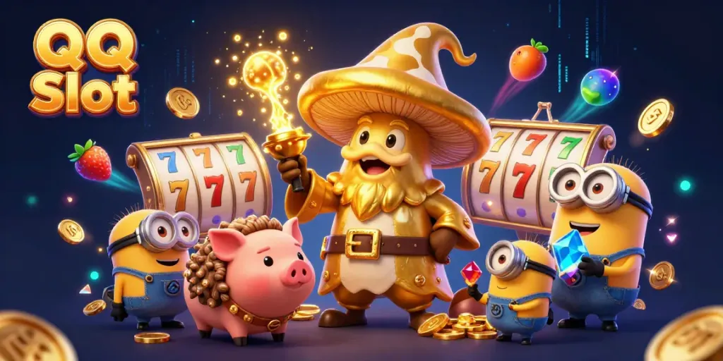 Experience the magic of QQ Slot with golden mushroom wizard and treasure hunters in an enchanted casino scene.