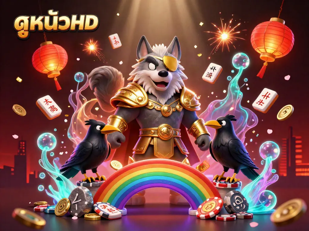 Experience thrilling ดูหนังHD adventures with an Odin wolf and casino-themed elements in this vibrant illustration.