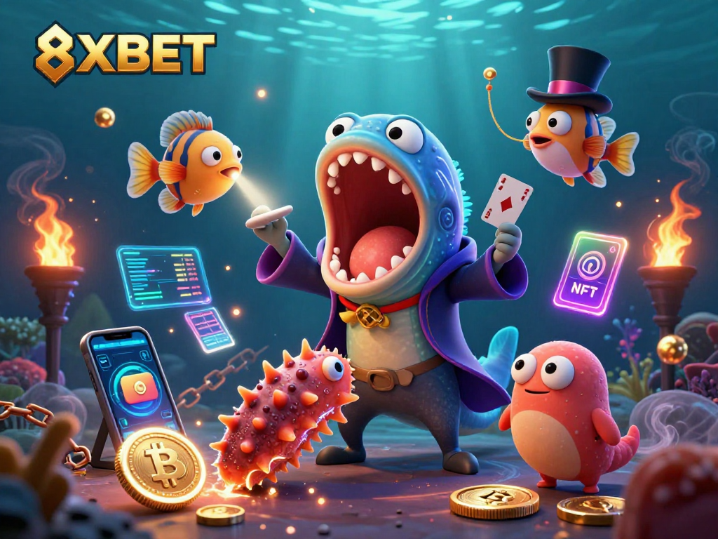 Experience the thrilling magic of 8XBET with vibrant underwater characters performing dazzling tricks.