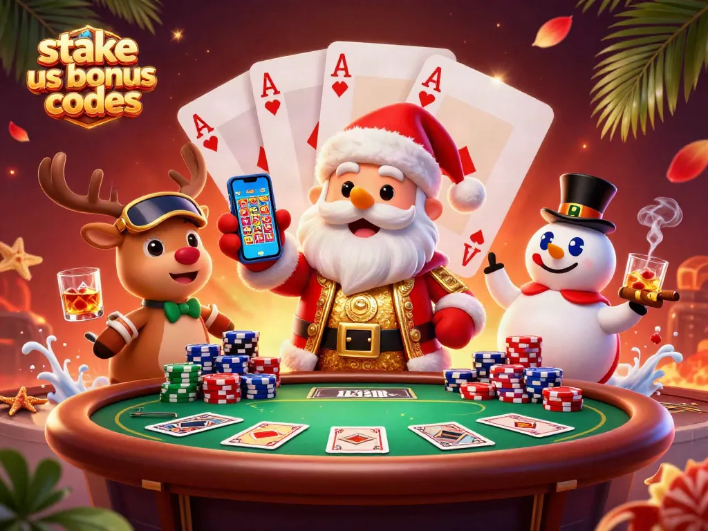 Win exciting rewards with stake us bonus codes in a vibrant casino scene featuring festive characters.