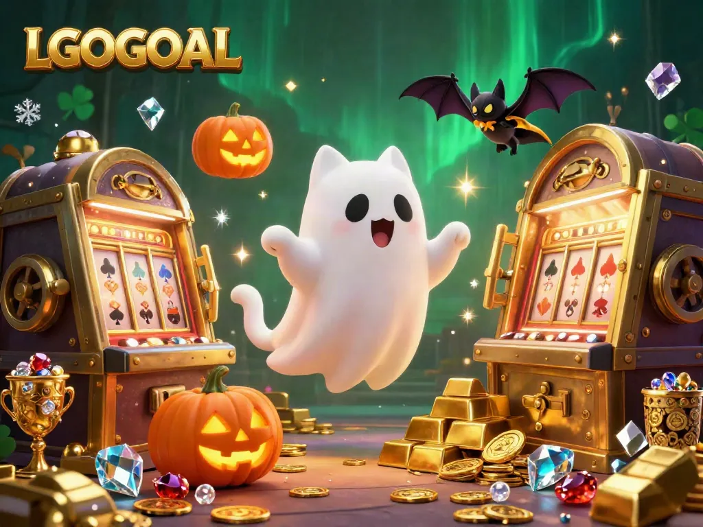 Experience the thrilling atmosphere of LGOGOAL, where a friendly ghost cat and a vampire bat explore a haunted casino filled with riches and glowing treasures.