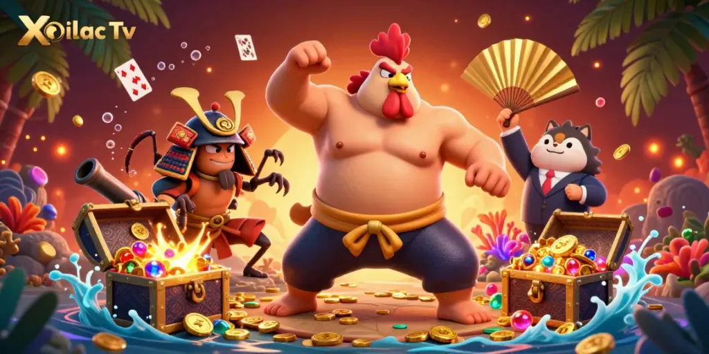 Xoilac Tv captivates with fierce competition between a sumo wrestler rooster and cricket in an underwater gambling celebration.