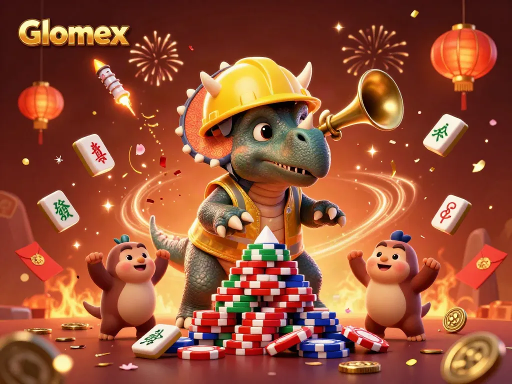 Glomex showcases an exciting casino scene with a triceratops building poker chip pyramids.
