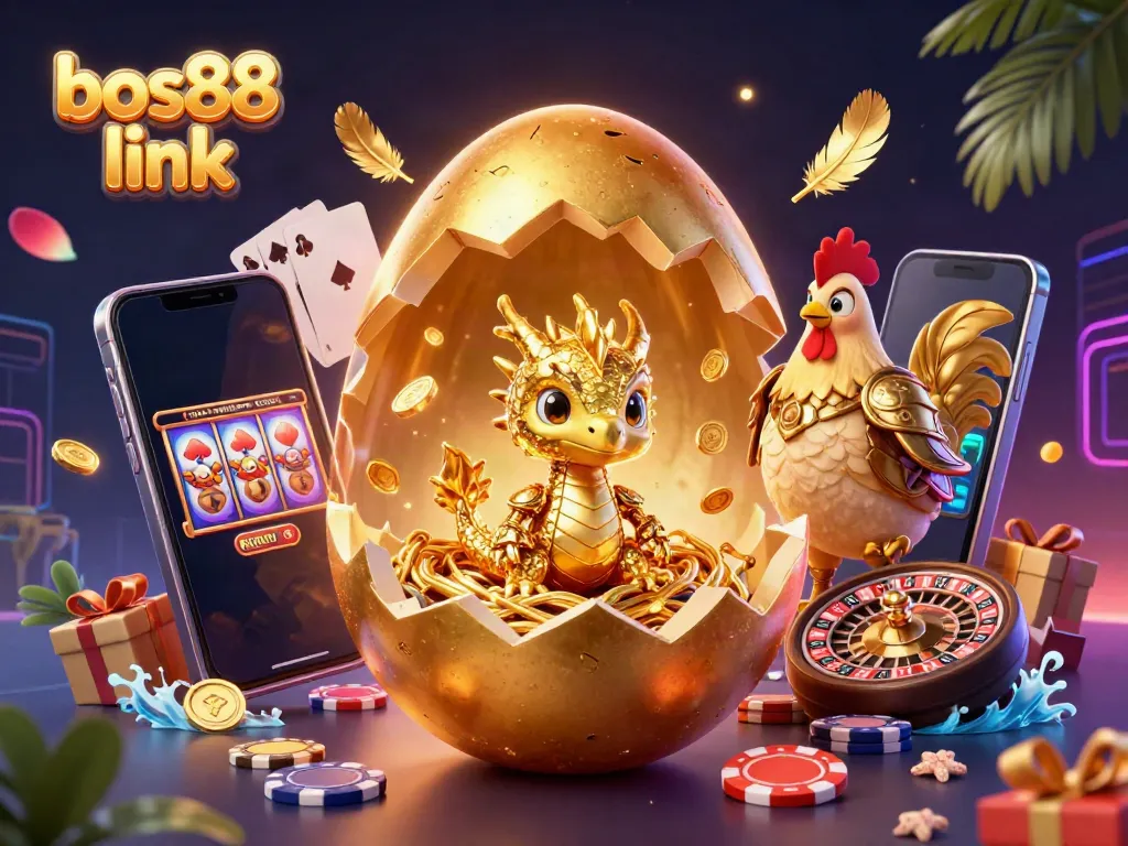 Engage with bos88 link as a vibrant 3D scene captures a golden dragon and poker chips surrounded by dynamic casino elements.